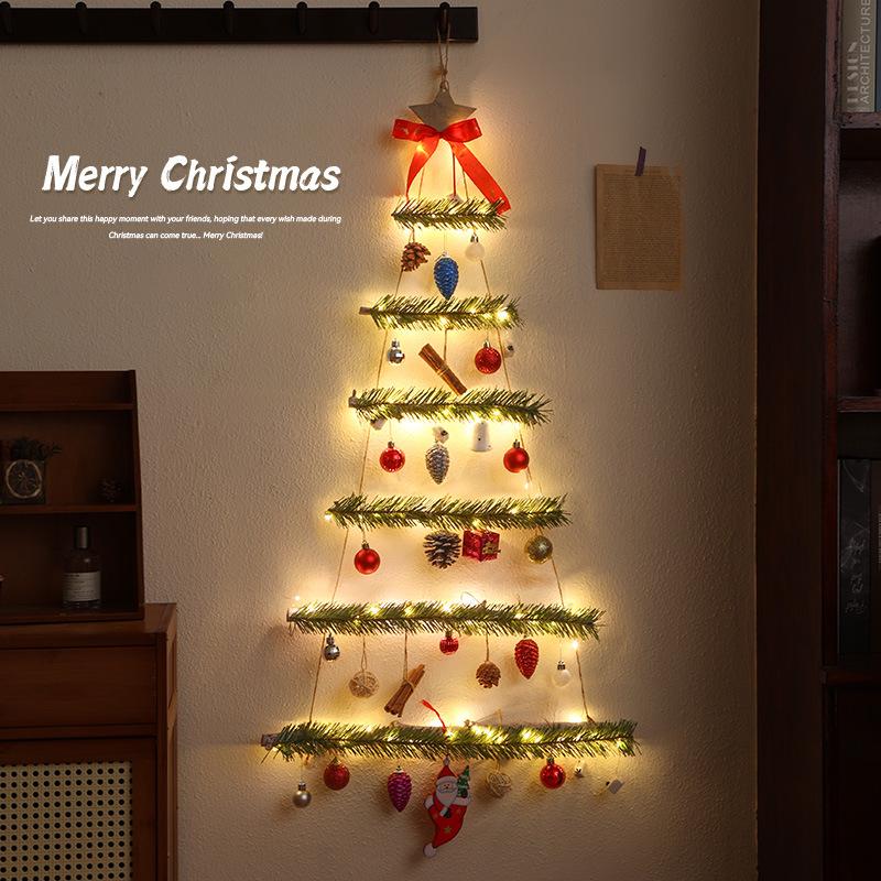 Luminous Christmas Tree Wall Decorations with Ornaments, Pine Cones, and Vines