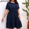 BITCED Plus Size O-Neck Small Pom-Pom Pleated Dress