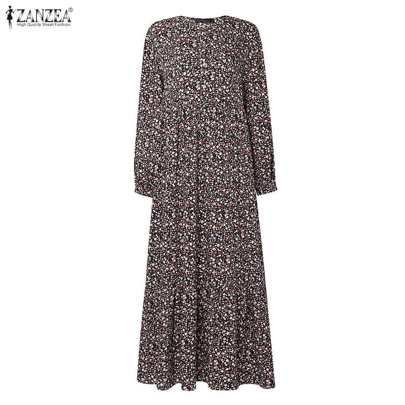 ZANZEA Herbst Frühling Damen Vintage Langarm Blumendruck Lässig A-Linie Dünn Maxikleid