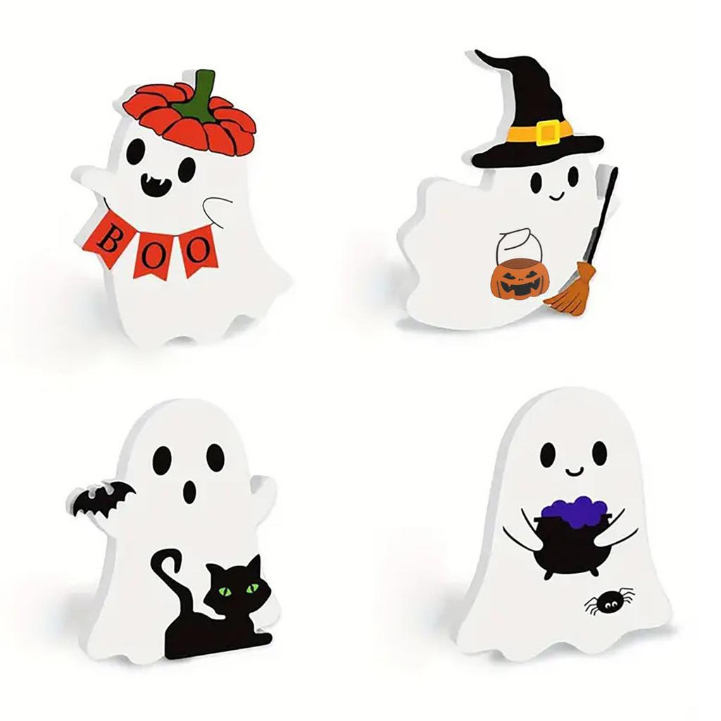 4pcs Halloween White Ghost Miniature Table Signs Ghost Decoration Desktop Ornament Cute Ghost Ornament for Living Room Fireplace