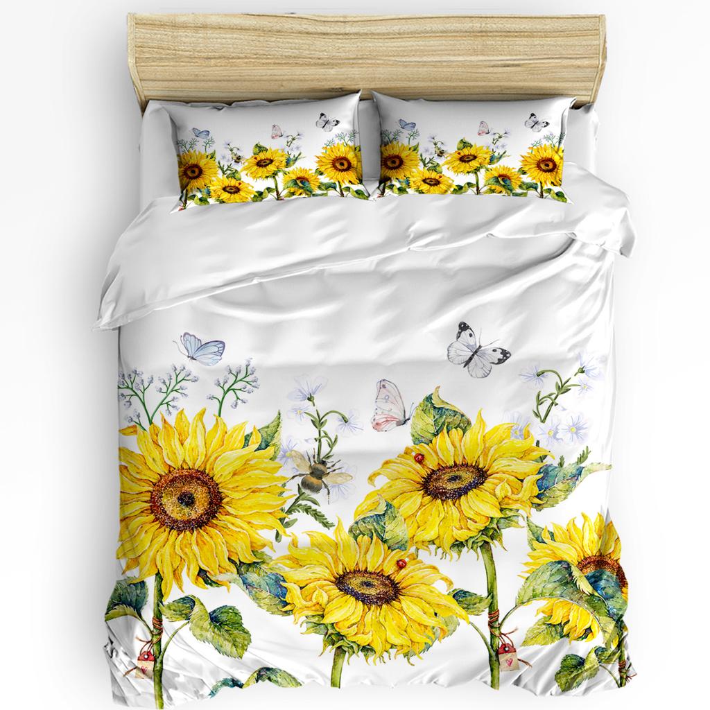 Sunflower Flower Butterfly Bee White Duvet Cover With Pillow Case Custom 3pcs Bedding Set Quilt Cover Double Bed Home Textile