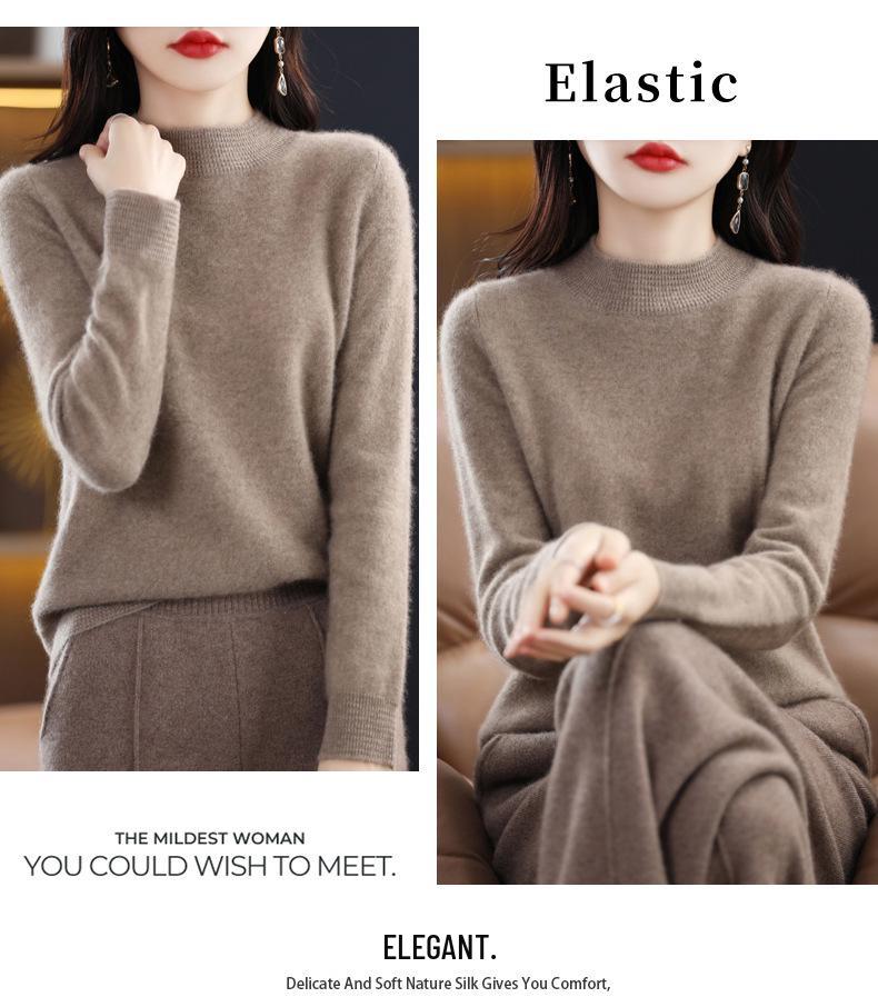 Women's Cashmere Sweater - Autumn/Winter, Solid Color, Loose Pullover, Half-High Collar, Korean Style, Long Sleeve Knit Wool Base Layer.