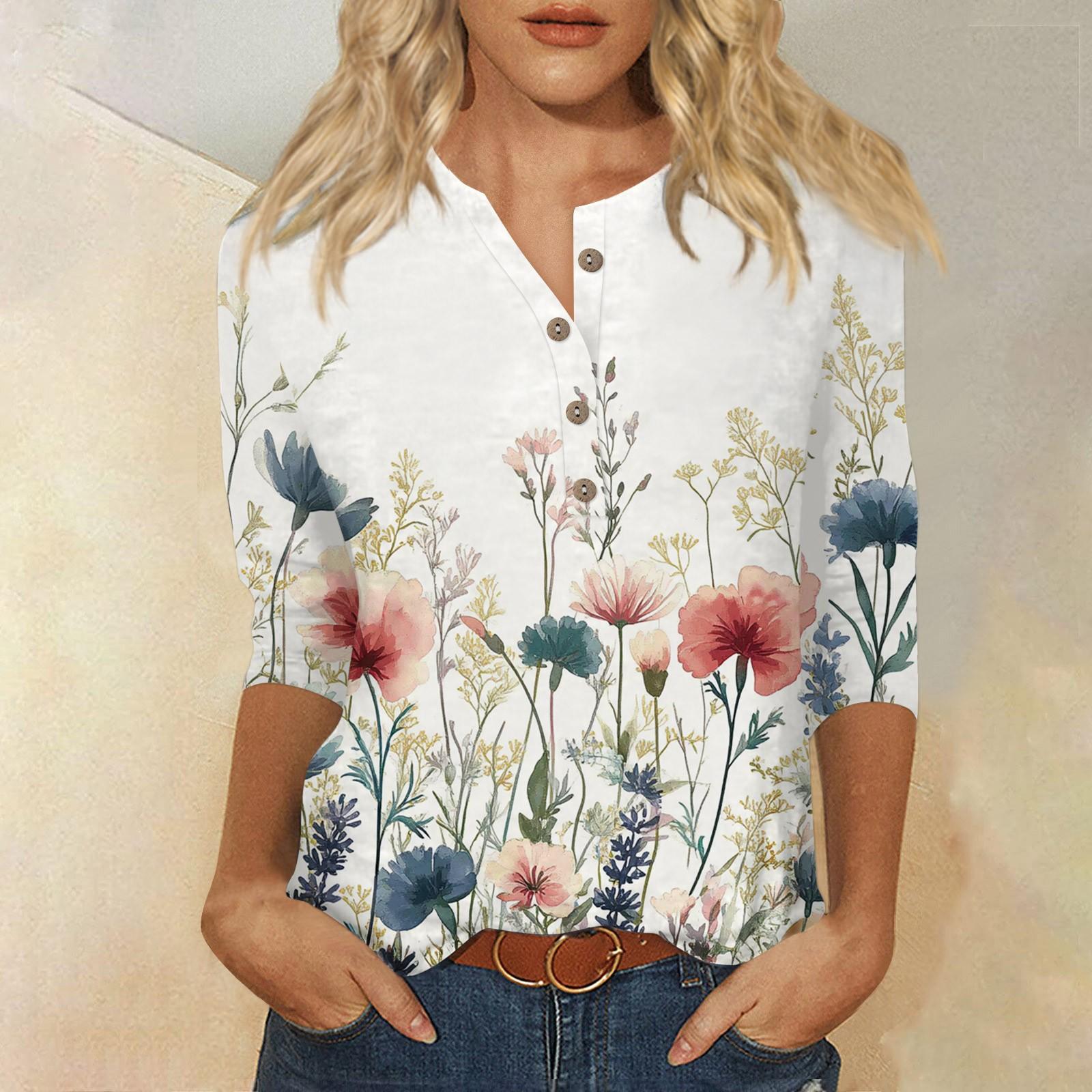 

Женский свободный повседневный топ с рукавом семь четвертей и цветочным принтом с круглым вырезом на пуговицах XL белый