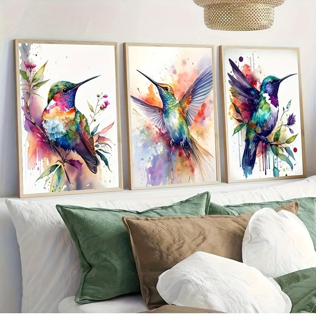 Bohemian style hummingbird canvas art prints set of 3, watercolor bird wall decor, unframed modern abstract artwork for living r