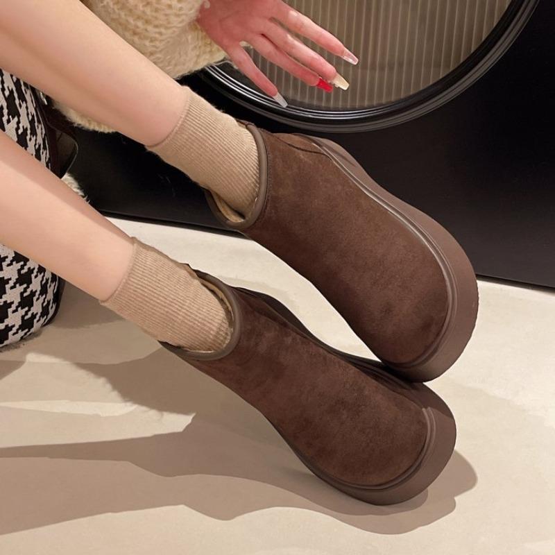 Vintage Chunky Fur Lining Women Snow Boots Comfort Platform Flats Warm Cotton Short Booties Winter Women's Plush Shoes