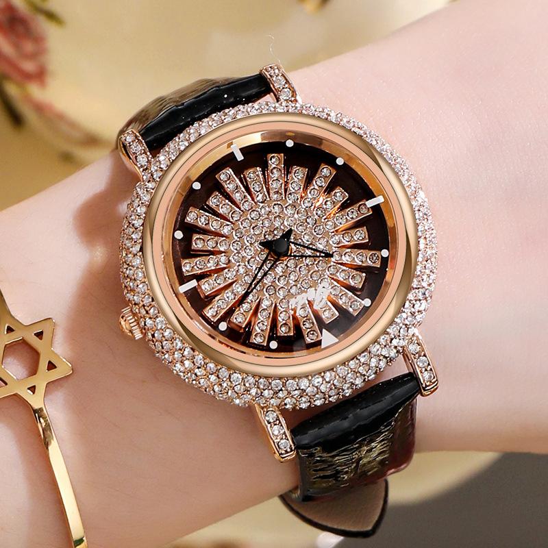 

GEDI Watch For Women Light Luxury Diamond Set 360 ° Running Clock Waterproof Genuine Leather Female s Fashion Quartz Watches чорний