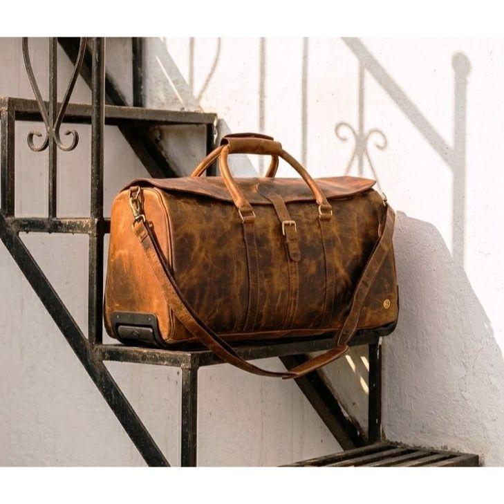 Monogrammed Leather Duffle Bag On Wheels | Genuine Leather Weekender Bag | Leather Holdall | Overnight Bag Men | Gifts For Him
