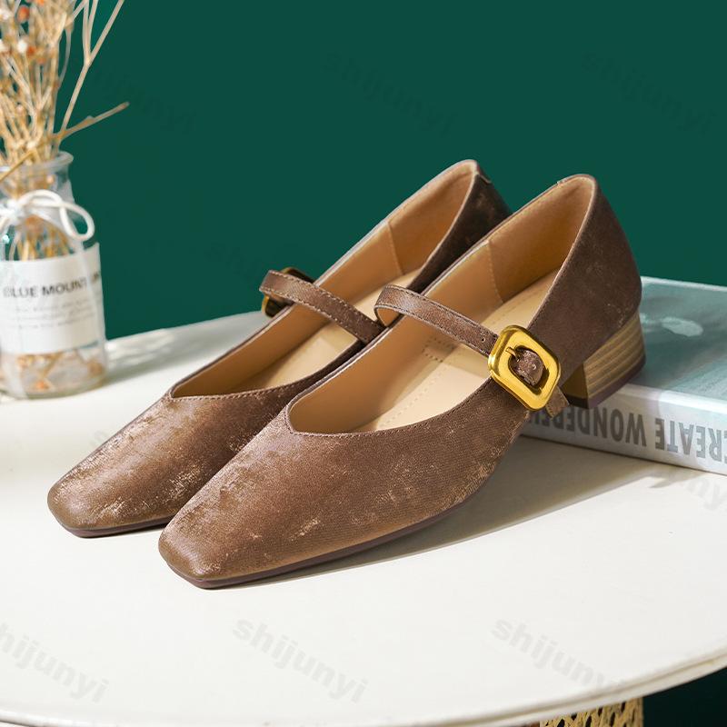 Fashion Women Mary Janes Pumps Square Toe 2025 New Autumn Chunky Heel Shoes Genuine Leather Shoes for Women Elegant Buckle Laides Shoes
