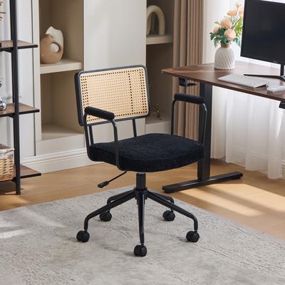 Vintage Rattan Bürostuhl mit Rollen - Verstellbarer Schreibtischdrehstuhl mit Chenille-Sitz & Holzrahmen für Homeoffice, Arbeitszimmer, Wohnzimmer - Schwarz