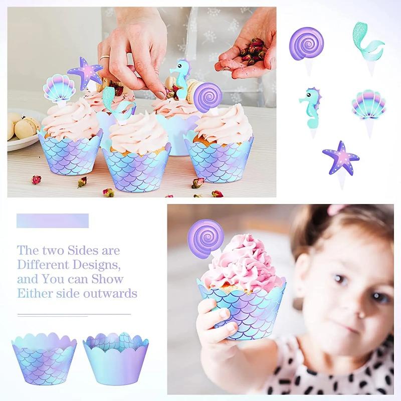 80Pcs Mermaid Cupcake Wrappers and Toppers Double Side Cupcake Liner Cupcake Decorations for Birthday Baby Shower Wedding