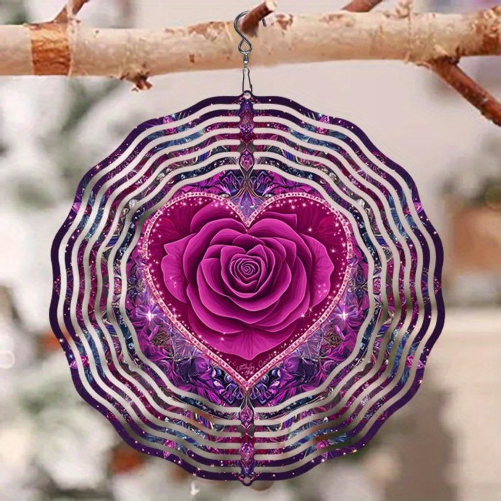 Elegant 2D Mandala Wind Chime - Romantic Pink Rose Metal Design, Outdoor Garden Decor with Soothing Wind-Powered Chimes for Patio