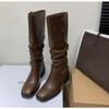 New Style Pleated Buckle Knight Boots for Women Autumn Brown Leather Mid Calf Boots Woman Slip-On Thick Heels Fashionable Boots