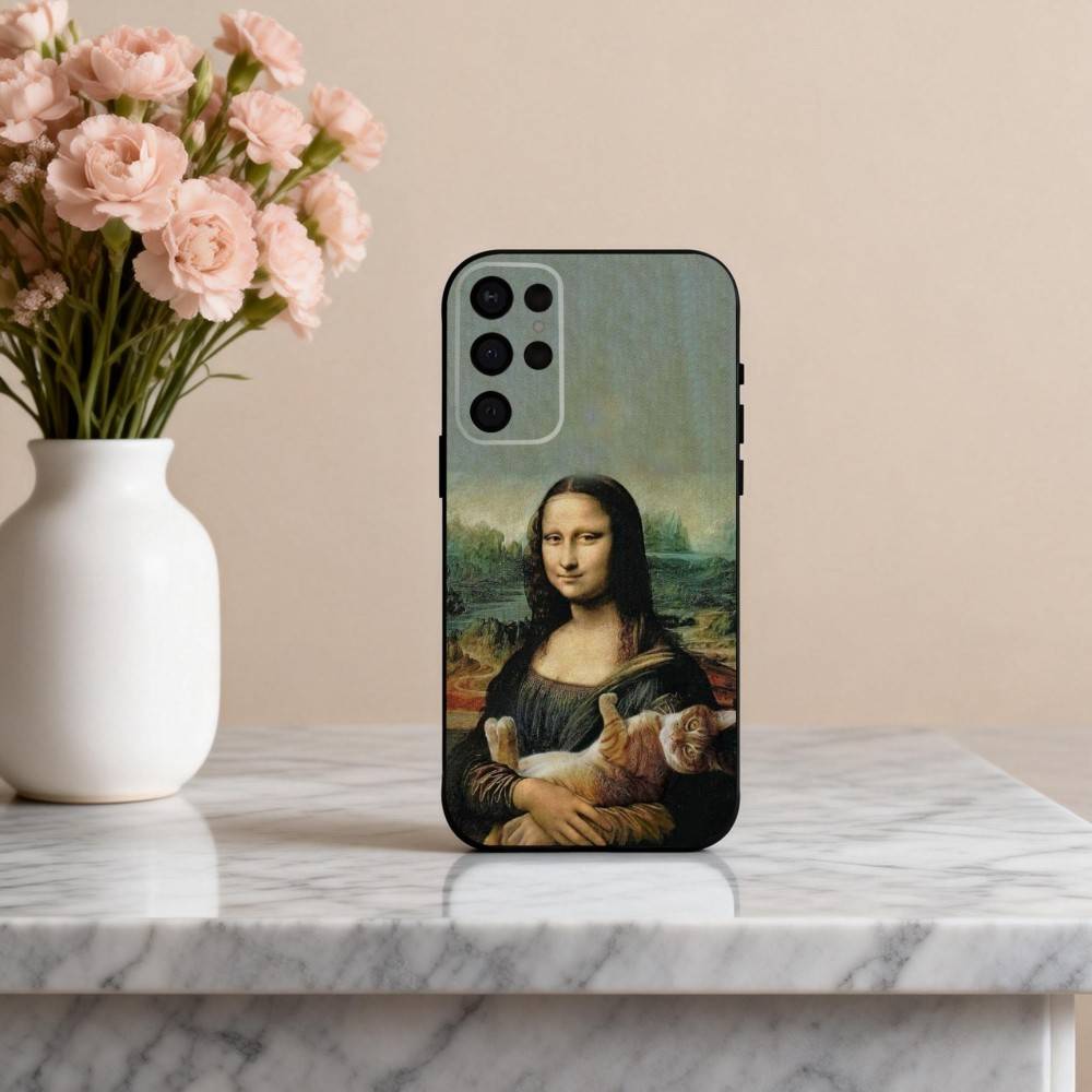 M-Mona-A L-Lisa Pat C-Cat Art Phone Case For Samsung S25,24,23,22,30,21,10,9,Ultra,Plus,Lite,FE,4,5 G Soft Black Case