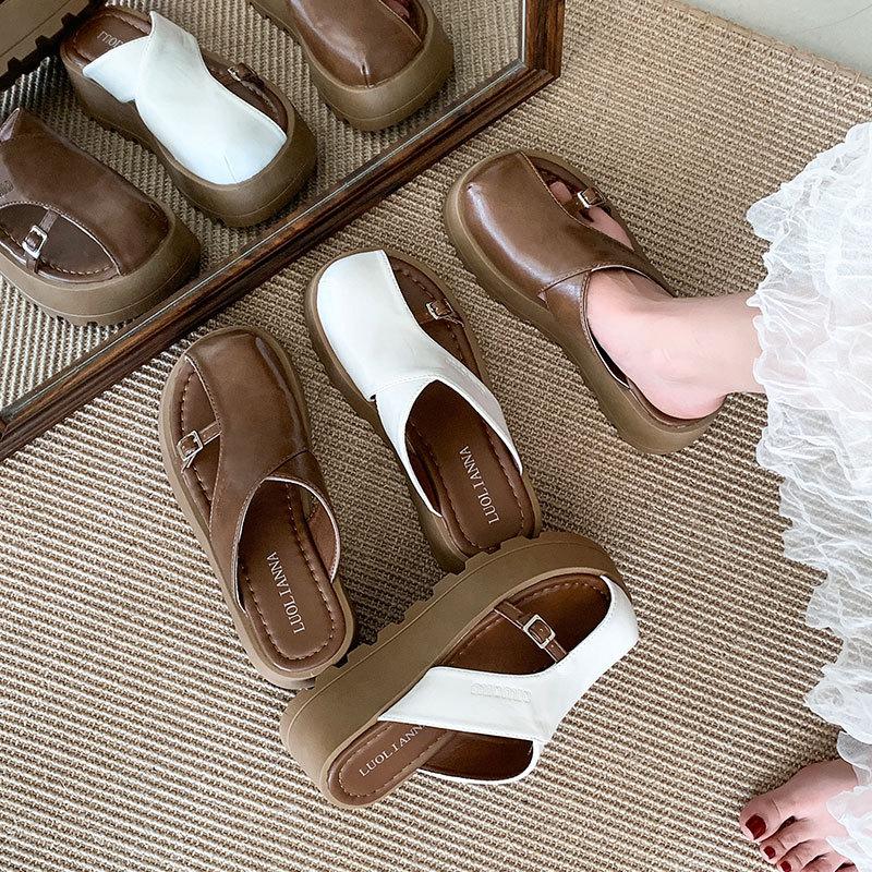 Retro fashion muffin thick bottom comfortable versatile lazy sandals women's outer wear 2025 spring and summer new bag head half slippers