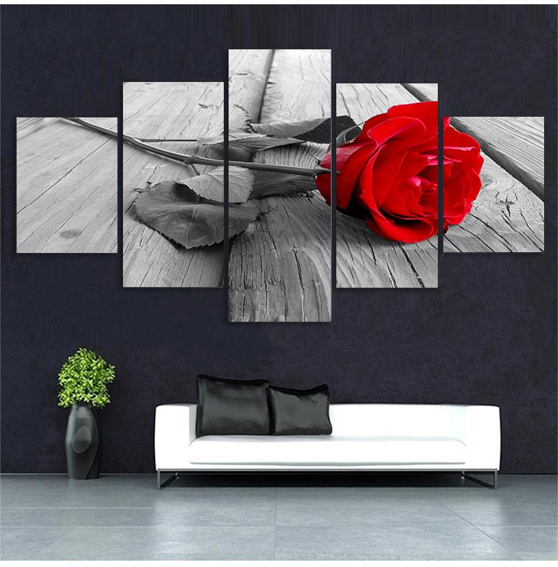 HD Decorazione Casa Immagini su Tela Soggiorno Moderno 5 Pannelli Fiori Rosa Rossa Stampa Pittura Arte da Parete Modulare Poster Cornice