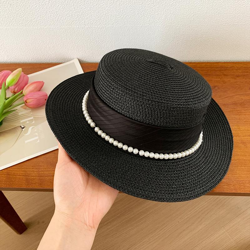 French Celebrity Style Flat Top Top Hat New Summer Elegant Pearl Straw Seaside Sun Hat Children