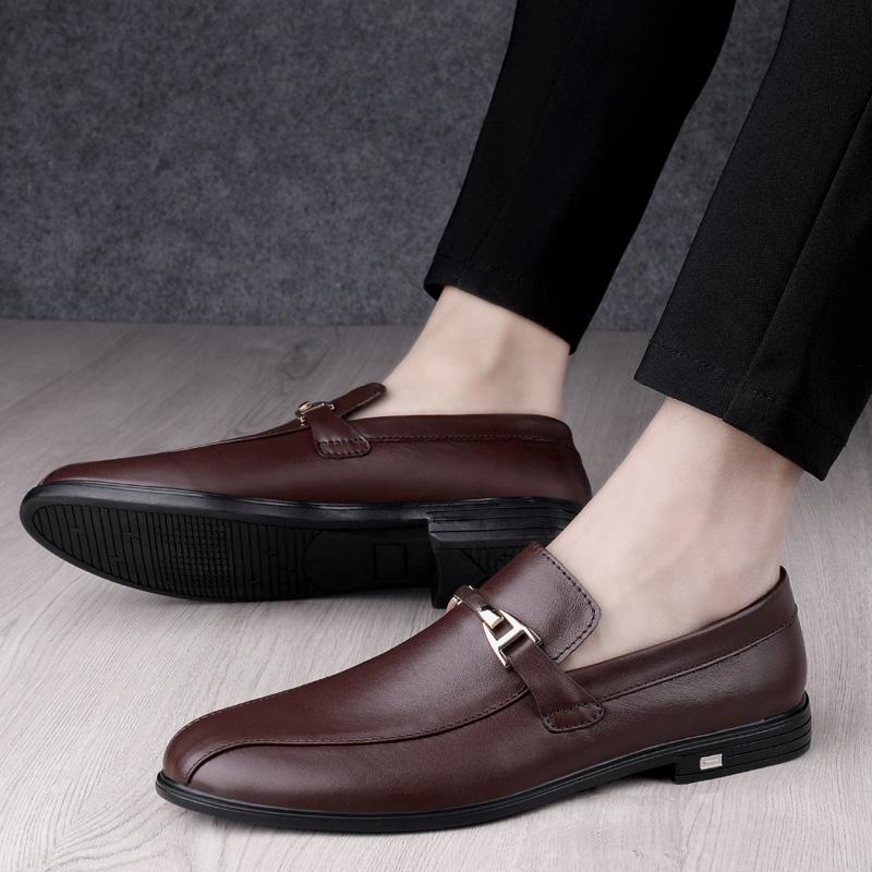 Fashion Genuine Leather Low-heel Business Formal Casual Shoes Spring Autumn Metal Buckle Loafers Breathable Comfortable Men Moccasins
