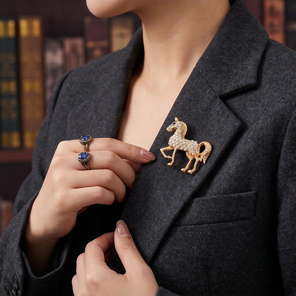 Elegant Rhinestone Horse Zodiac Brooch for Women - Stylish Alloy Animal Pin, High-End Fashion Accessory.