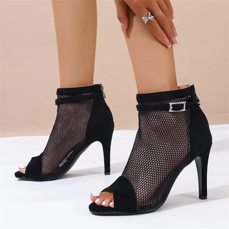 Móda 2025 Léto duté černé chladné boty štíhlé podpatky síťované boty rybí tlama odhalená špička vysoké podpatky síťované dámské boty taneční krátké boty