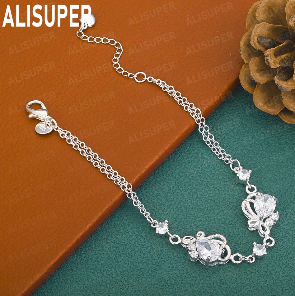 925 Sterling Silver Delicate Openwork Bow Bracelet With AAA Zircon Exquisite Gift Jewelry 20cm