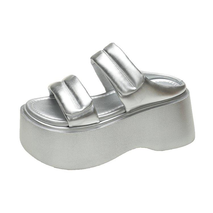 

Slippers women s outer wear premium feeling thick bottom 8cm high heel sandals comfortable soft leather one-word 39