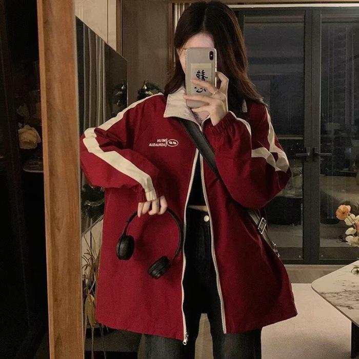 Trendy Unisex Windbreaker: Spring/Autumn High-End Hong Kong & Japanese Style, Versatile Casual Jacket 3XL вино красного