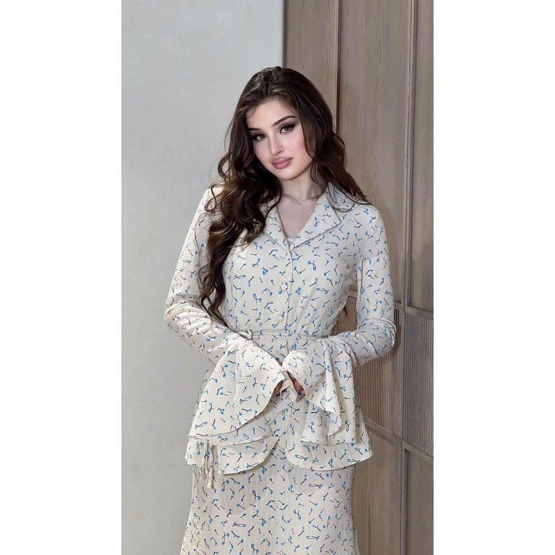 

European and American Women clothes New Fashion Small Floral High Quality Girdle Long sleeve Top Skirt Two-piece Set A294 apricot S