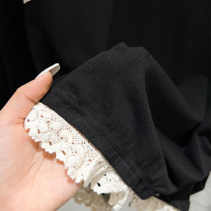 Zimní podzimní elegantní krajkové prošívání falešné dvoudílné tričko s dlouhým rukávem, halenka, dámské v novém designu s mašlí, sladké tričko se spodním dílem