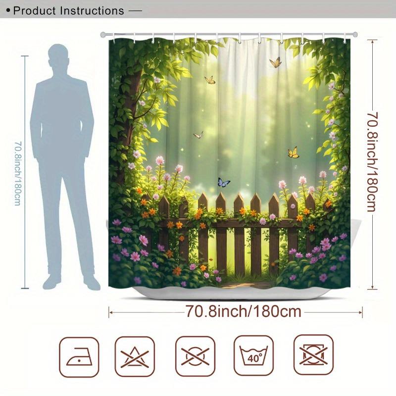 Enchanting Garden Shower Curtain - Wooden Fence & Butterflies, Sunlit Floral Design, 70.8x70.8", Polyester, 12 Hooks