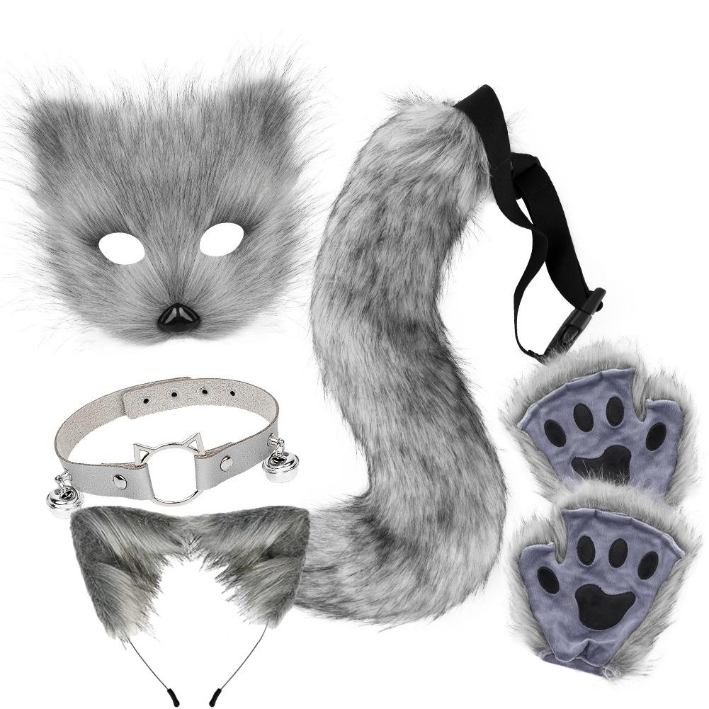 Fox Tail Set Cat Ear Headpiece Tail Fluffy Cat Claw Glove Headband Necklace Set Lolita Anime Halloween Cosplay Costume Accessory