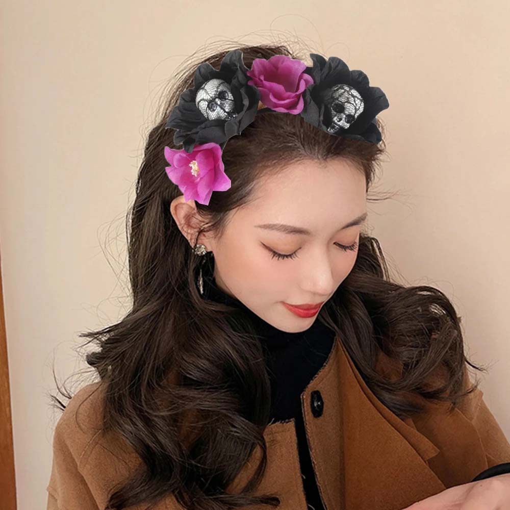 Day of The Dead Halloween Skull Hair Hoop Crown Headwear Halloween Flower Hairbands  Photo Props