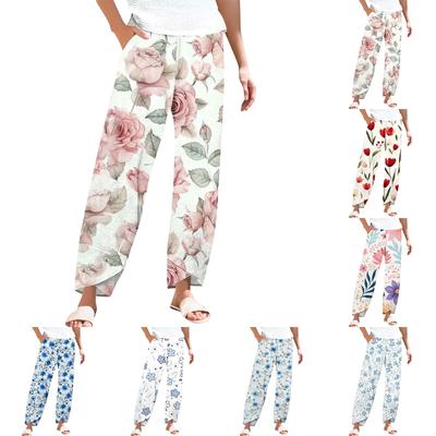 Hosen für Damen, Sommer, lässig, weites Bein, elastische Taille, Hose mit Taschen