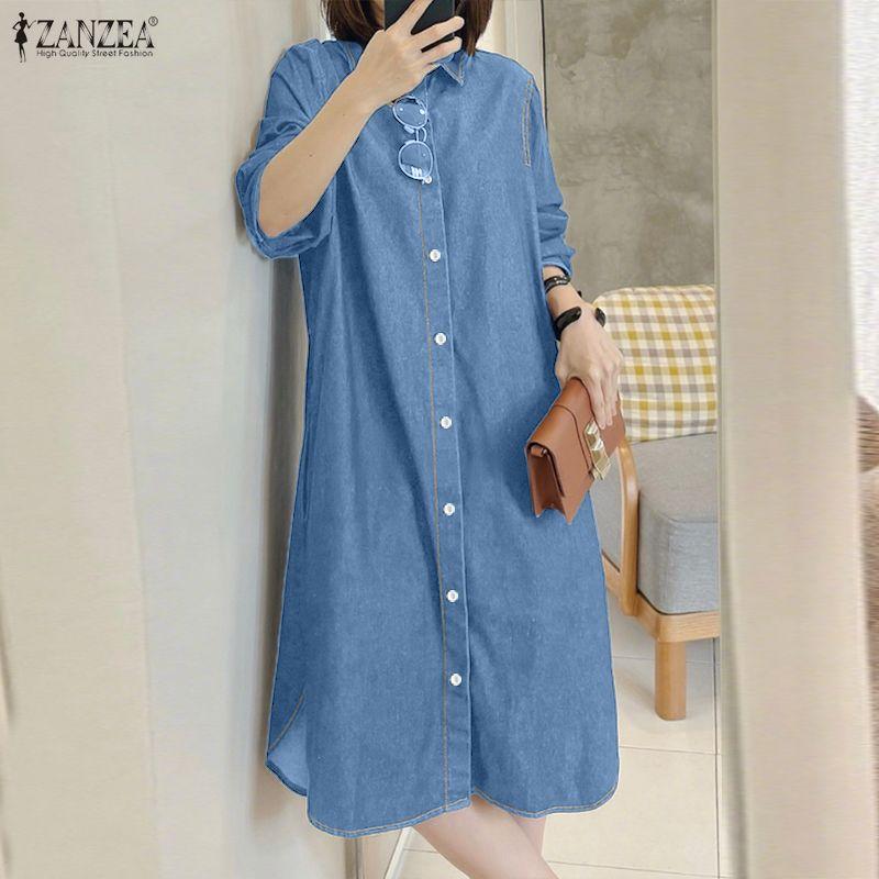 ZANZEA Women Casual Turn Down Collar Loose Long Sleeve Shirt Dress