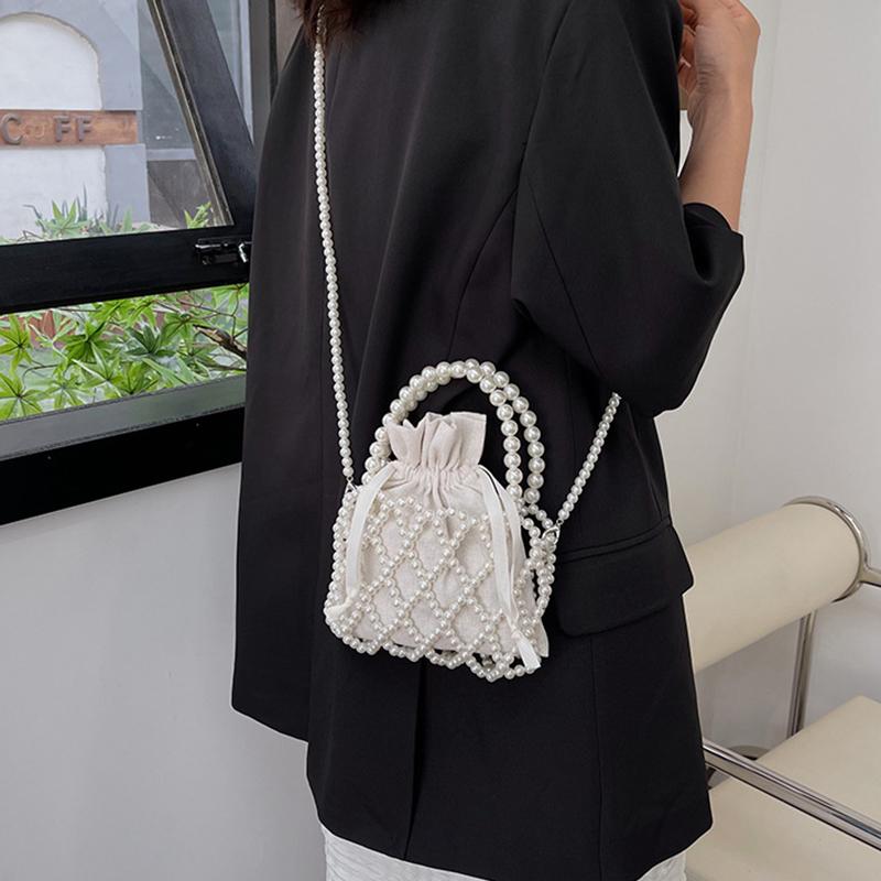 Vintage Top Handle Pearl Women Handbag Summer Hollow Out Beach Bucket Girl Shoulder Crossbody Bag