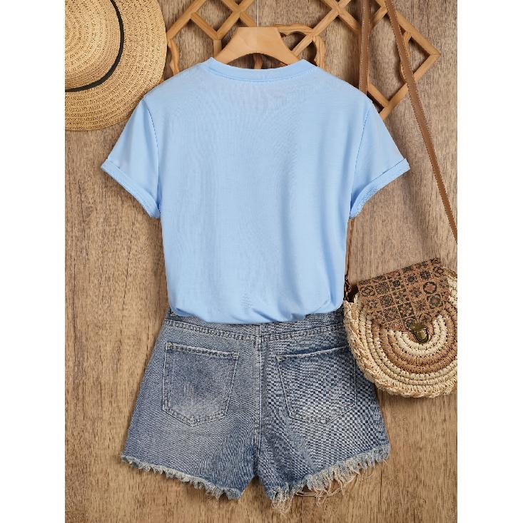New Sweet Style Pearl and Rhinestone Bouquet Print Short Sleeve Round Neck Shirt T Women's T Shirt Suitable for Casual Outings In Spring and