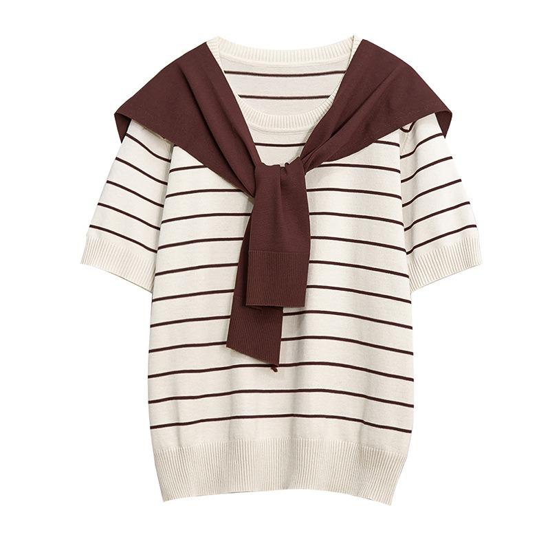 Plus Size Women Summer Knit Lace Up Shawl Half Sleeve Pullover Blouse