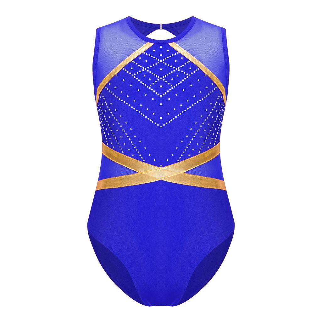 Girls Sparkle Rhinestone Gymnastics Leotard Keyhole Back Patchwork Sleeveless Bodysuit Figure Skating Dance Wear