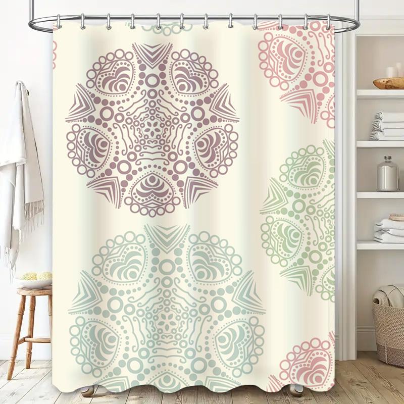 Beautiful Mandala Pattern Shower Curtain Set for Bathroom Decor Pink, Green Beige Colors Included with Hooks 72x84 inches Size