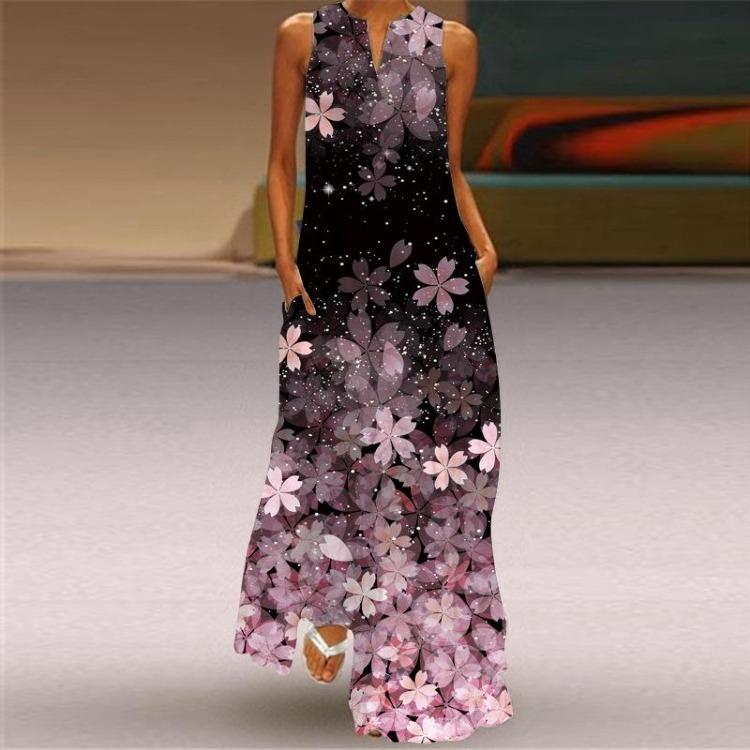Women's Summer Printed Sleeveless V Neck Maxi Dress