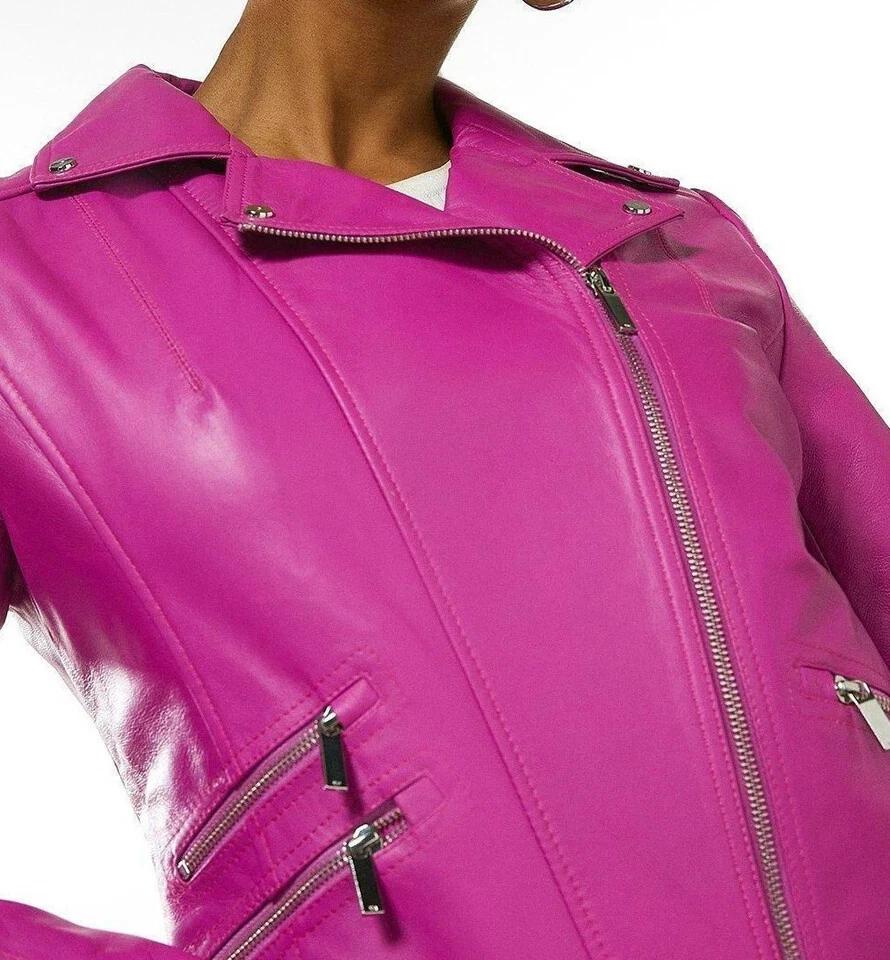 Women's Jacket Pink Handmade Leather Lambskin Stylish Casual Fashionable Motorcycle Wear