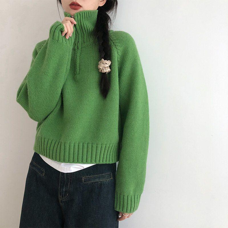 Women's Short-Length Korean-Style Half-Zip High Neck Sweater Autumn Winter Loose Lazy-Style Thickened Knitted Top