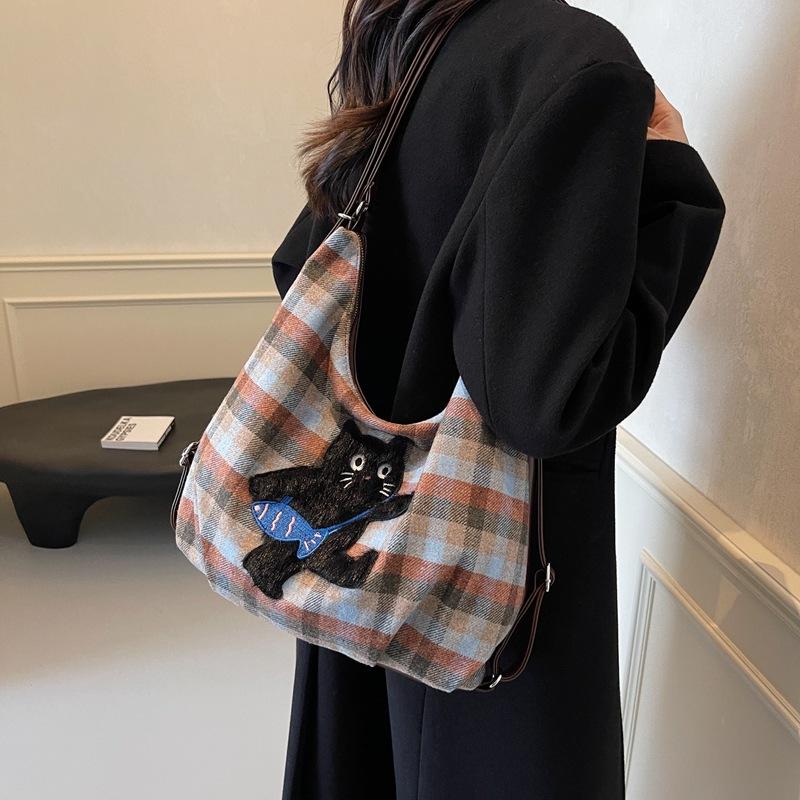 

Корейская версия большой вместительной сумки-тоут высокого класса, женская сумка 2024 года, новая шерстяная клетчатая сумка-тоут, модный рюкзак 35*13*32