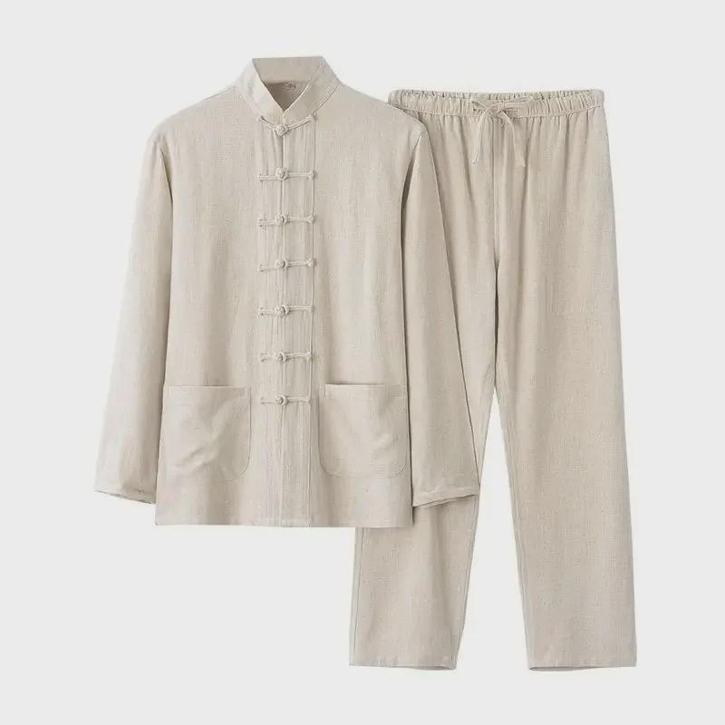 Herren Langarm Baumwolle Leinen Tang Anzug - Retro Chinesischer Stil Geknöpftes Gewand für Mittelalte und Ältere, Ideal für Tai Chi.