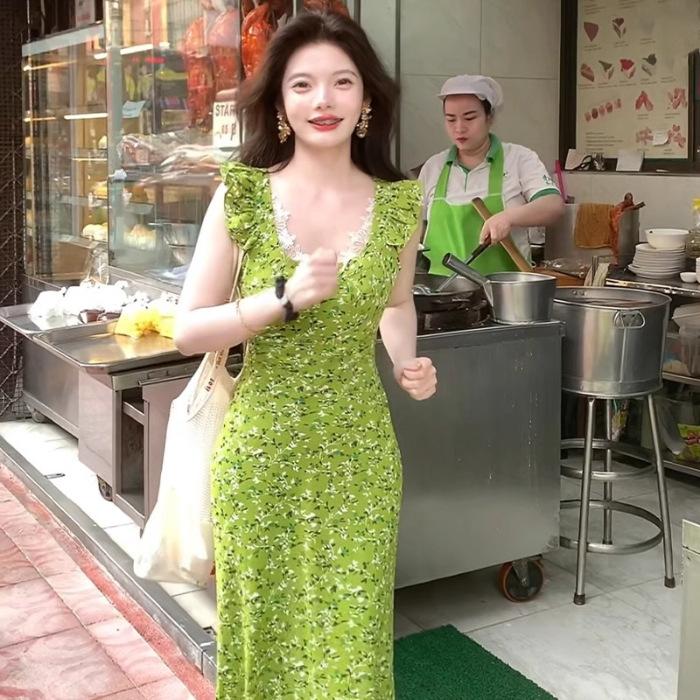 

French floral temperament waist thin dress seaside vacation square collar chiffon small fresh green long dress children XL