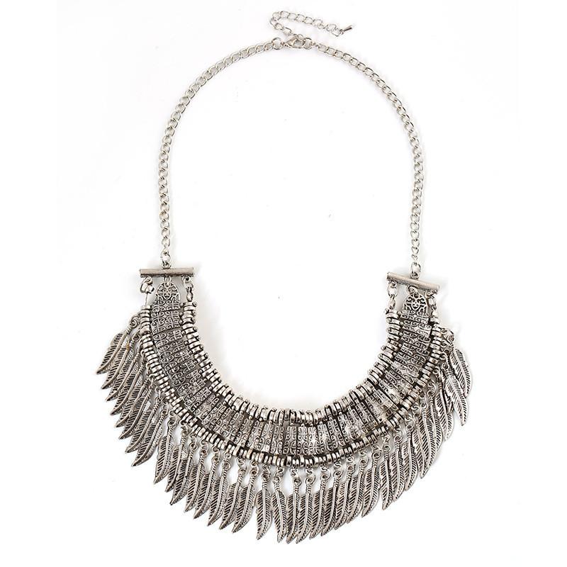 Plated Silver Retro Pendant Necklace With Carved Leaf Tassel Design Gifts For