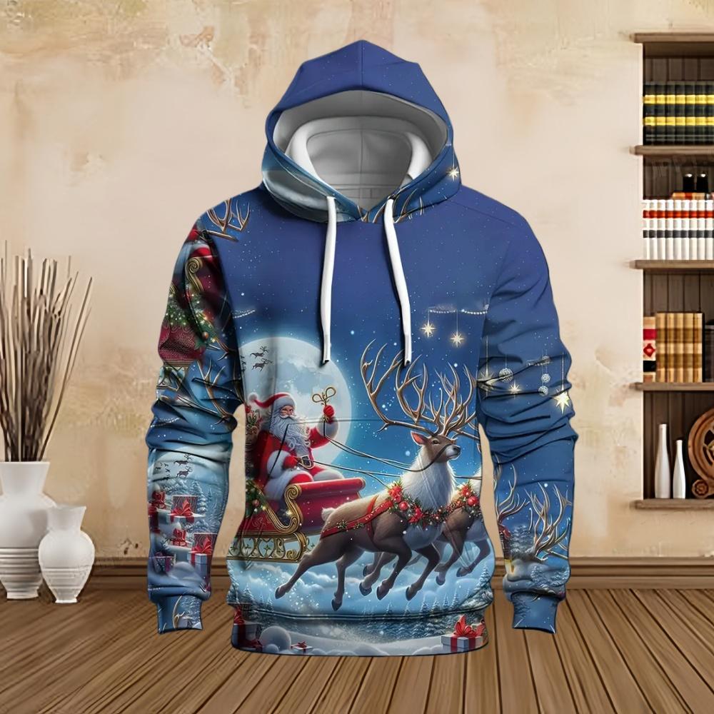 New in Sweatshirts Christmas Santa with Snowman Graphic Print Men's Cozy Drawstring Long Sleeve Pullover Sweatshirt Hoodie Tops