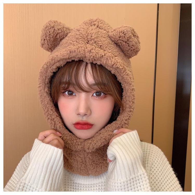 Cute Bear Ears Beanies Women Winter Head Hood Scarf Hat Cap Thicken Cozy Warm Bonnet Female Lamb Balaclava Riding Bobble Hat