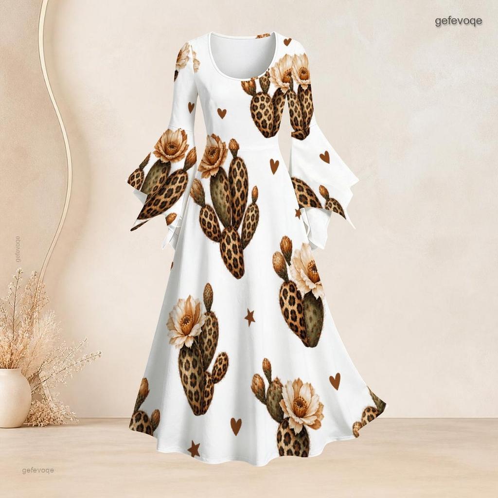 Women Plus Size Round Neck Bell Sleeve Leopard Sport Ball Print White Maxi Dress