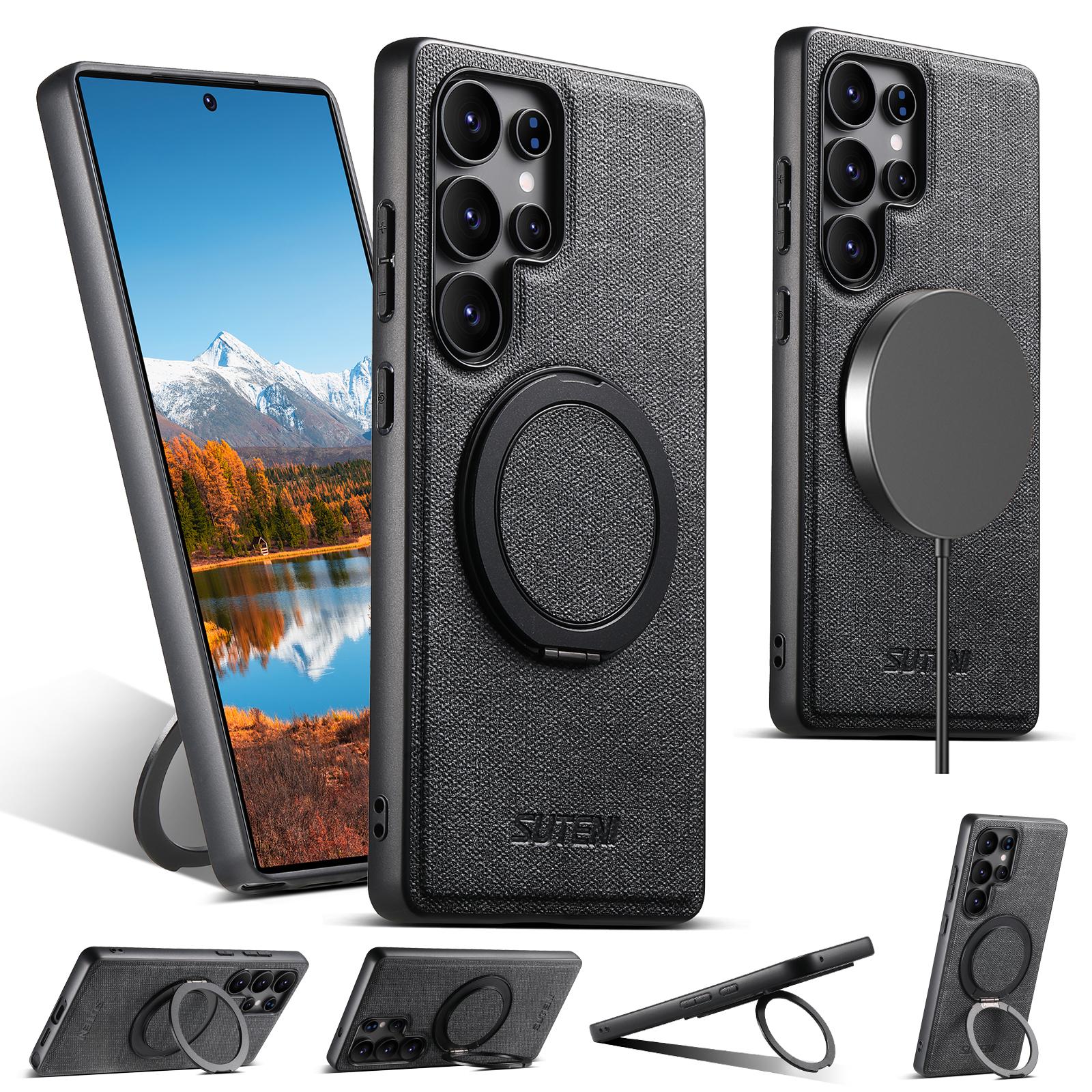 

SUTENI G3 For Samsung Galaxy S22 Ultra 5G Magnetic Case Rotating Ring Kickstand Jeans Texture PU TPU Phone Back Cover Black