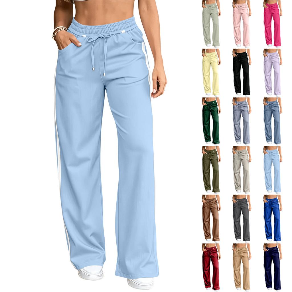 Women's High Waist Straight Leg Casual Pants with Tie Front and Patchwork - Loose Fit Color for Everyday Wear